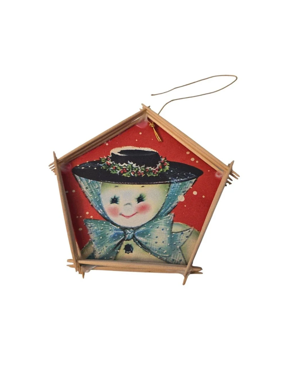 Vintage Handmade Christmas Ornament Snowman Snowwoman Toothpicks Old Cards